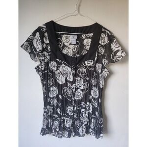 Worthington Y2K Sheer Black/White Roses Button Up Size Large Vintage Square Neck